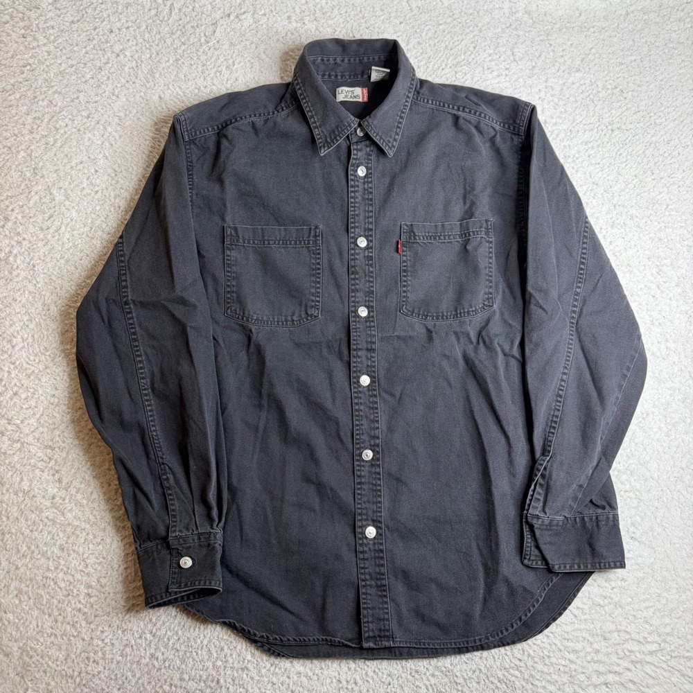 Levis Jeans Mens Medium Faded Black Denim Button Down Work Shirt Long Sleeve